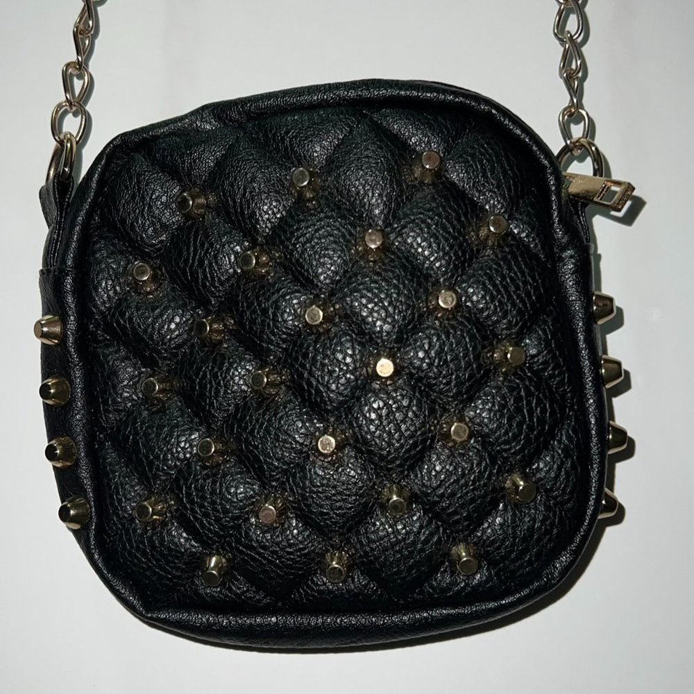 Black Quilted Gold Studded and Chain Crossbody Purse
